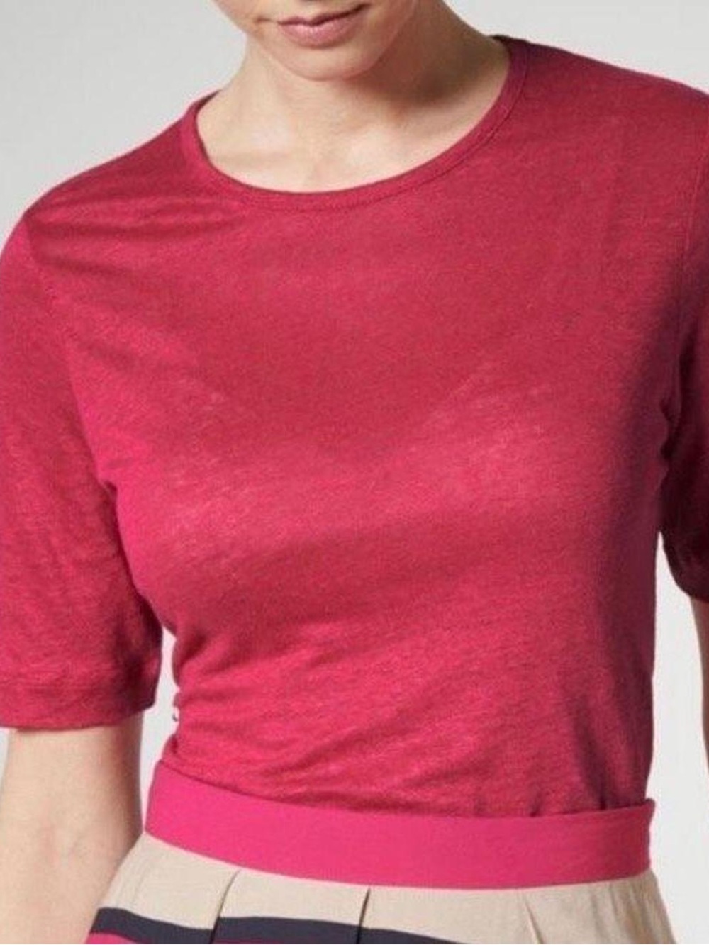 LK Bennett 100% Linen Short Sleeve Crewneck Top Berry Pink Bow Sleeve Detail M